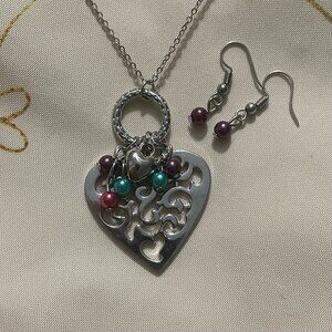 💙Silver, Purple, Pink and Teal heart and earring set